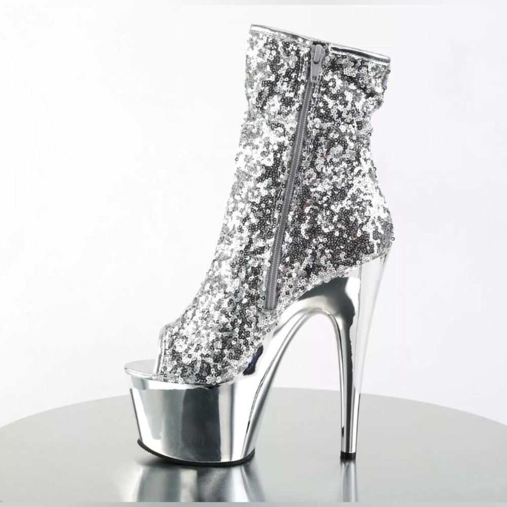 🦋B2G1🦋PLEASER 7" Heel Platform Silver Sequins/Chrome Peep Toe Side Zip Stiletto - Picture 2 of 7